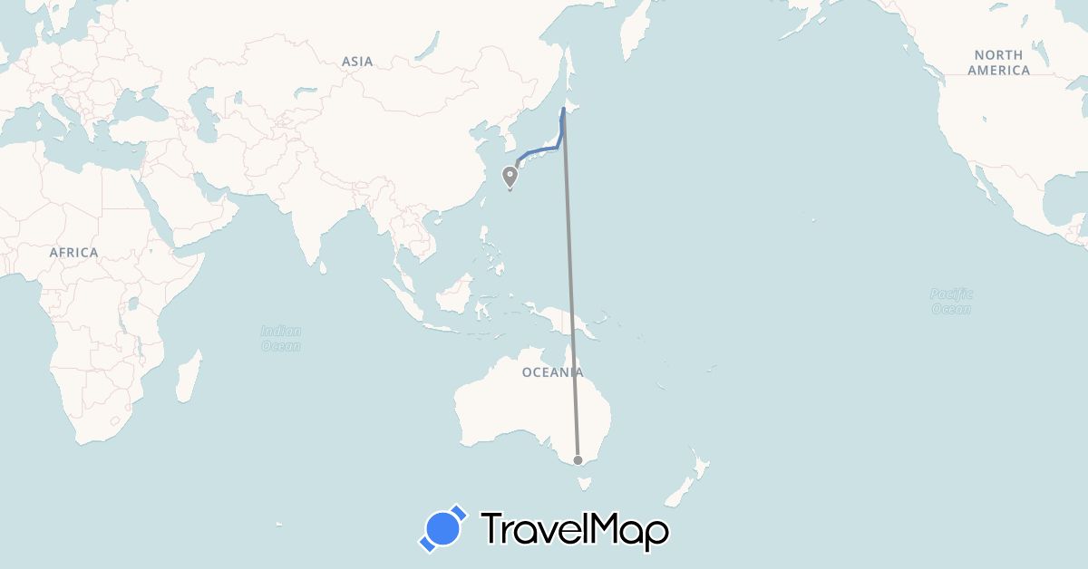 TravelMap itinerary: driving, plane, cycling in Australia, Japan (Asia, Oceania)